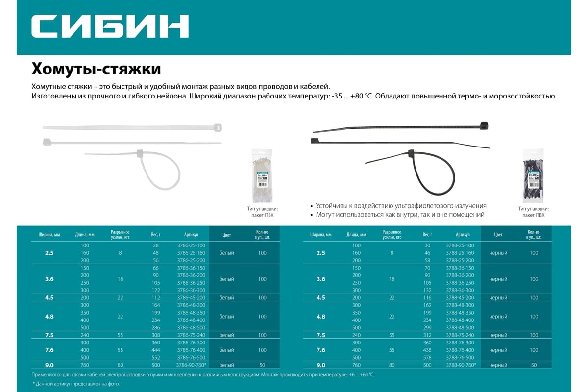 Хомуты-стяжки СИБИН ХС-Ч черные, 7.6х500 мм, 100 шт, нейлоновые, 3788-76-500  - выгодная цена, отзывы, характеристики, фото - купить в Москве и РФ