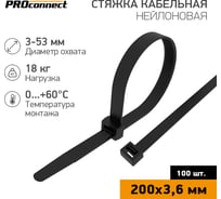 Нейлоновая кабельная стяжка PROCONNECT 200x3,6мм, черная 100 шт/уп 57-0201