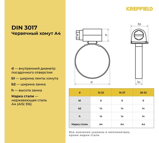 Нержавеющий червячный хомут для агрессивных сред KREPFIELD 16-27/9 мм, din 3017, А4, 10 шт. 3017ХОМУТ9ММ1627А4-10