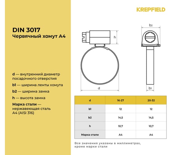 Нержавеющий червячный хомут для агрессивных сред KREPFIELD 16-27/12 мм, din 3017, А4, 10 шт. 3017ХОМУТ12ММ1627А4-10