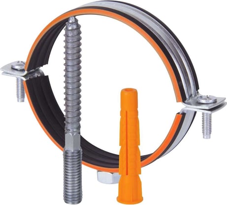 Трубный металлический хомут HUMALT М8 (39-46) 1.1/4", с гайкой, шпилькой-шурупом и дюбелем 007040104