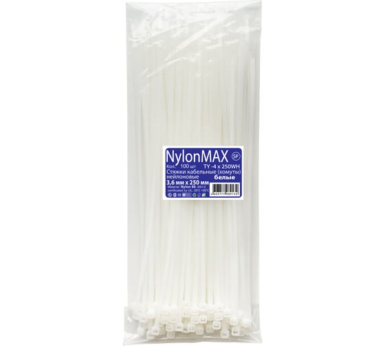 Стяжка кабельная Nylon Max 3.6x300 мм, белый, нейлоновая, 100 шт. 4603777989132 TY-4x250wh 1