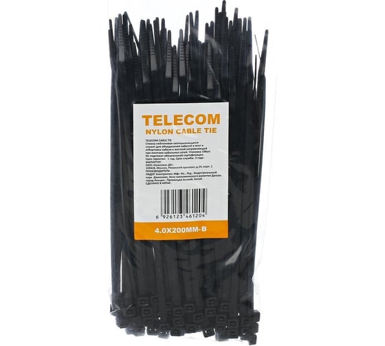 Стяжка Telecom нейлон 4x200мм, черная 100шт TIE4.0X200MM-B