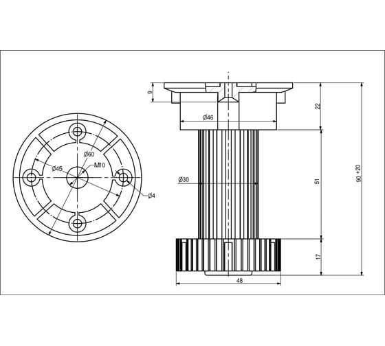 Опора AKS кухонная, пластиковая, h=100 мм, черная, трёхсоставная 11096