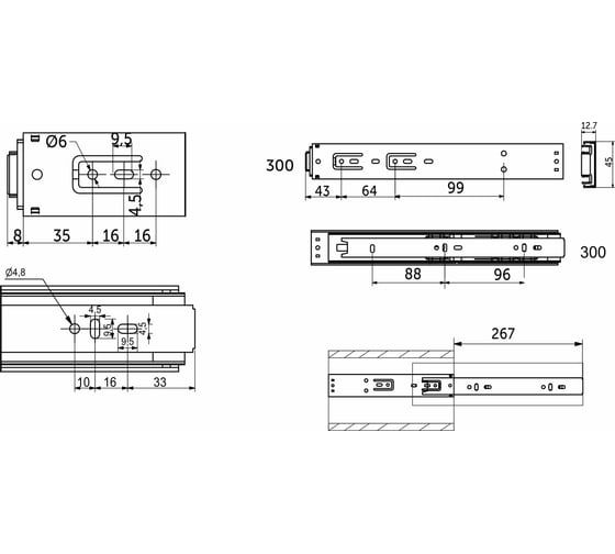 Направляющая шариковая AKS самооткрыв. Push-to-open h=45 L-600, комплект 39874