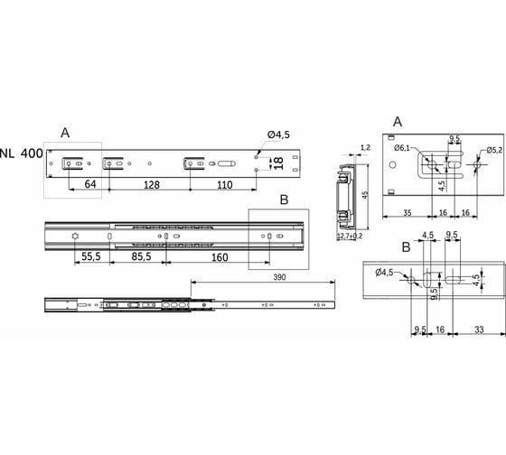 Направляющая шариковая AKS с сист. плавного закр. h=45 L-400, комплект 89853