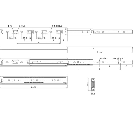 Узкие направляющие Amix L-300 35мм. полного выдвижения DB/35 -12