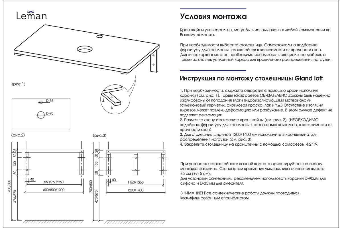 Набор кронштейнов для раковины и столешницы Leman "Sten loft" 48x23 см ...