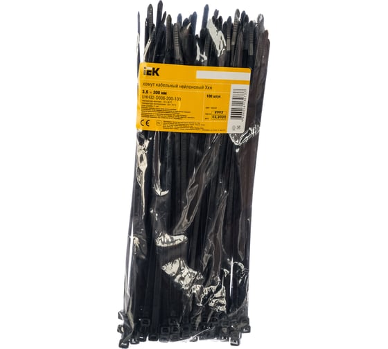 Хомут IEK 3.6x200, нейлон, черный, упаковка 100шт, ИЭК UHH32-D036-200-100