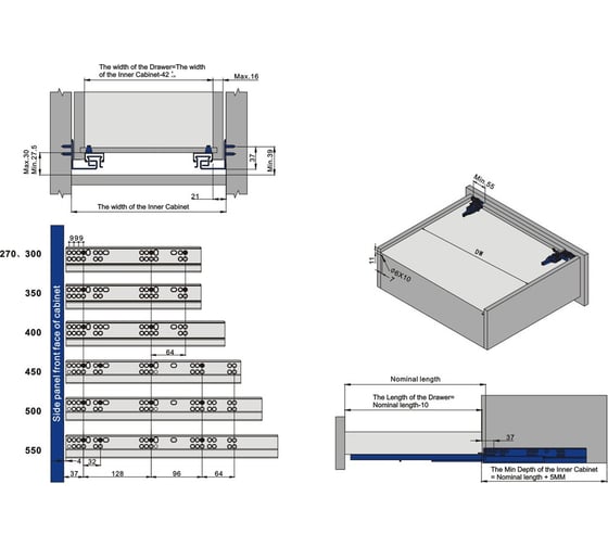 Скрытые направляющие полного выдвижения 3D с амортизацией Unihopper L-550 CL12E.3D.550