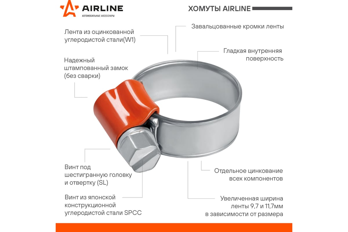 Хомут червячный 10-16/9,7мм (оцинкованный) к-т 4 шт.(AIRLINE)