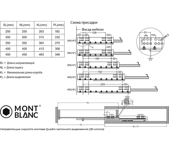 Направляющие скрытого монтажа Mont Blanc Quadro 450 мм, частичного выдвижения Soft Close 2D клипса, с доводчиком упаковка 10шт. арт. 00-00015586