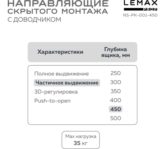 Направляющая скрытого монтажа Lemax prof частич. выдвижение, с регулир. планкой, 450 мм NS-PK-001-450