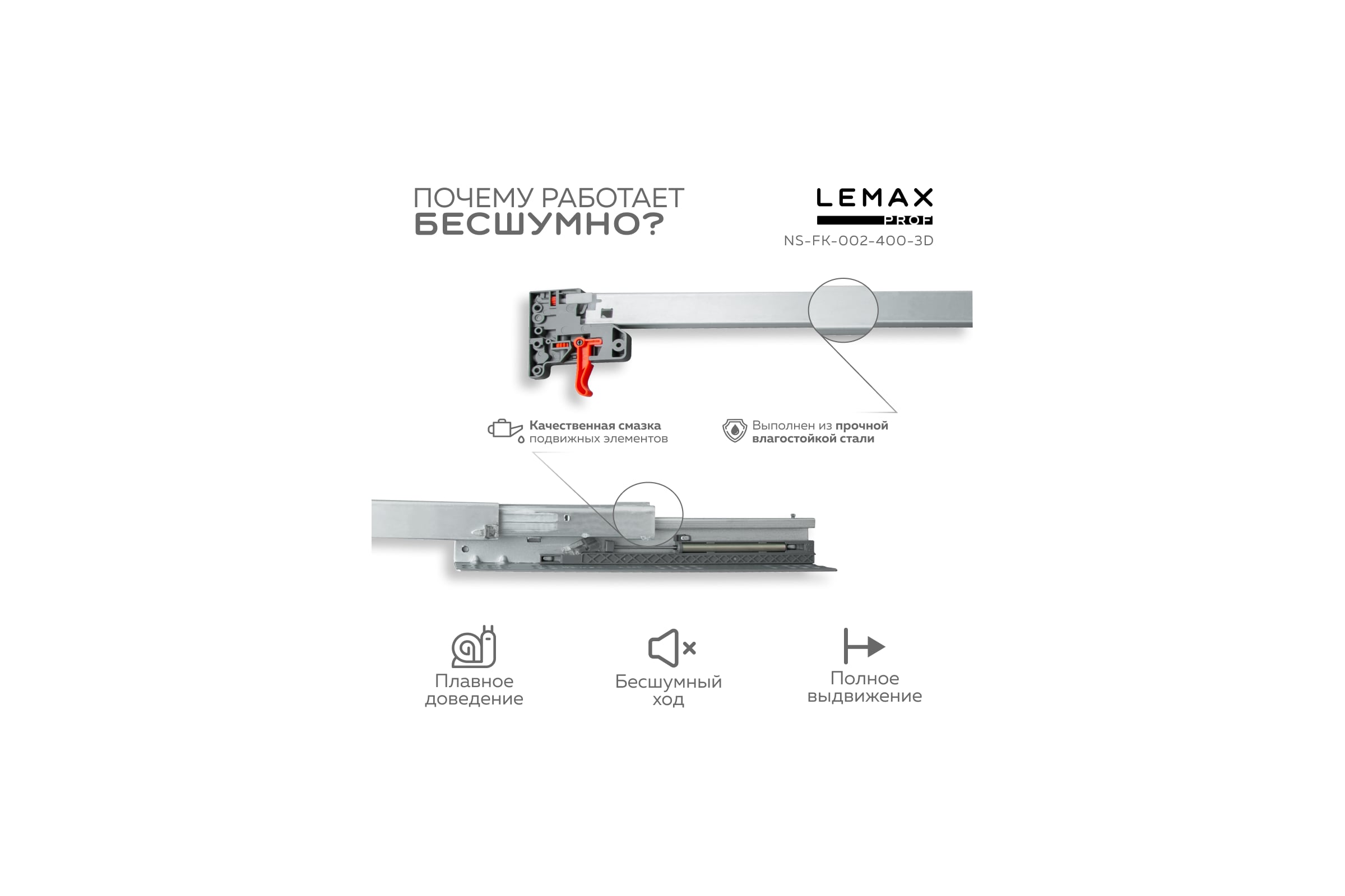 Направляющая скрытого монтажа Lemax prof полное выдвижение, с