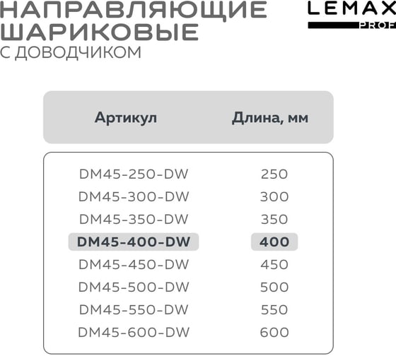 Шариковые направляющие Lemax prof полного выдвижения с доводчиком, 45/400 мм DM45-400-DW