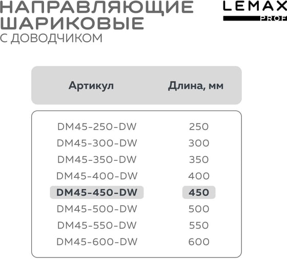 Шариковые направляющие Lemax prof полного выдвижения с доводчиком, 45/450 мм DM45-450-DW