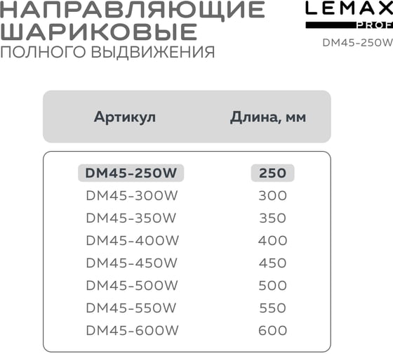 Шариковая направляющая Lemax prof полного выдвижения 250 мм DM45-250W