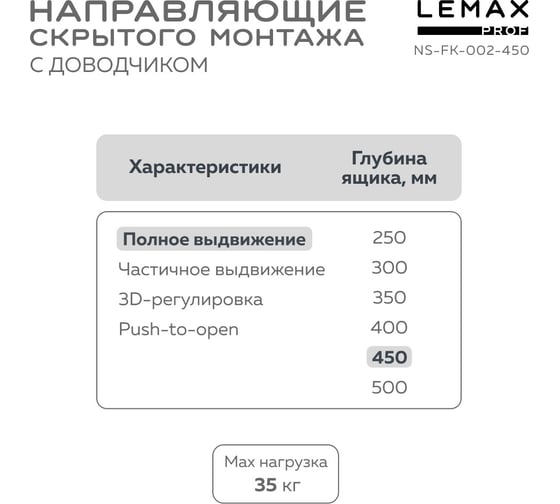 Направляющая скрытого монтажа Lemax prof полное выдвижение, с регул. планкой, 450 мм NS-FK-002-450