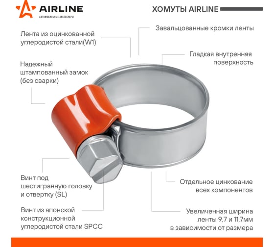 Хомут AIRLINE 100-120/9мм, червячный, усиленный, W1(оцинк), 1 шт. (10 шт.) AHCG014