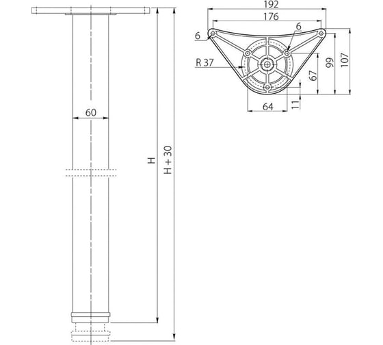 Опора GTV 60x820 мм, с верхним креплением на болт, цвет алюминий nm-a60820-05