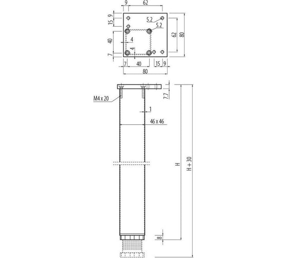 Опора GTV квадратная алюминиевая 46x46x710 мм, цвет алюминий nm-46r710-05