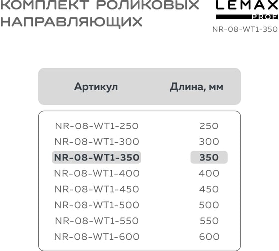 Роликовые направляющие Lemax prof комплект, 350 мм, толщина 0.8 мм, белый NR-08-WT1-350