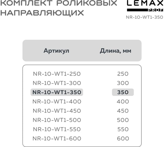 Роликовые направляющие Lemax prof комплект, 350 мм, толщина 1 мм, белый NR-10-WT1-350