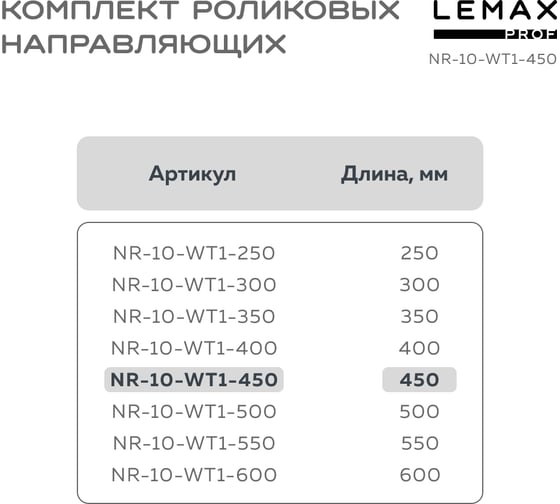 Роликовые направляющие Lemax prof комплект, 450 мм, толщина 1 мм, белый NR-10-WT1-450