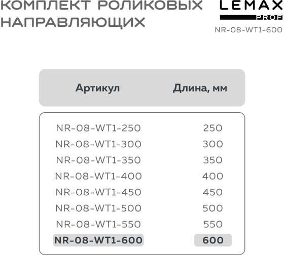 Роликовые направляющие Lemax PROF комплект, 600 мм, толщина 0.8 мм, белый NR-08-WT1-600