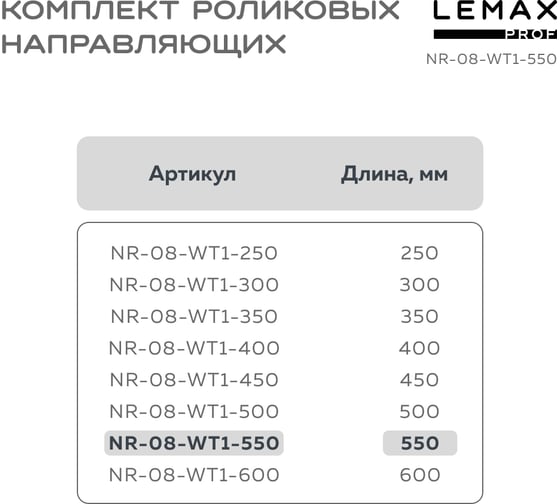 Роликовые направляющие Lemax prof комплект, 550 мм, толщина 0.8 мм, белый NR-08-WT1-550