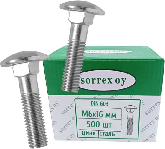 Болт мебельный SORREX М6x16 DIN 603, с полукруглой головкой и квадратным подголовком, 500 шт. 0603-1-06-016 500 1