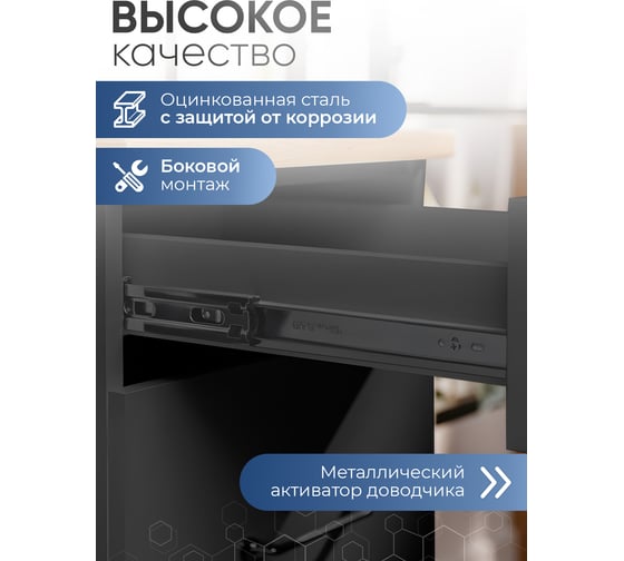Направляющие для ящиков GTV 250 мм шариковые неполное выдвижение с доводчиком черный PK-L-H45-250-B-20
