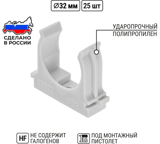 Крепеж-клипса для трубы TDM ELECTRIC 32 мм для прямого монтажа (25 шт.) серая SQ0405-8004