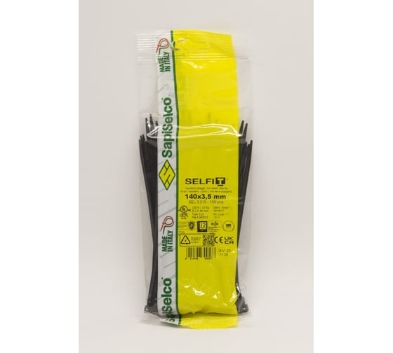 Стяжки черного цвета SapiSelco 3.5х140 мм, полиамид 6.6, уп. 100 шт. SEL.3.210R