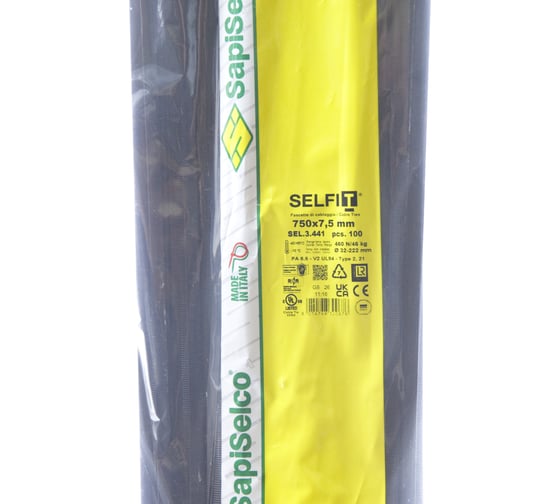 Стяжки черного цвета SapiSelco 7.5х750 мм, полиамид 6.6, уп. 100 шт. SEL.3.441R
