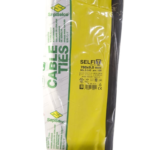 Стяжки черного цвета SapiSelco 9х780 мм, полиамид 6.6, уп. 100 шт. SEL.3.143R