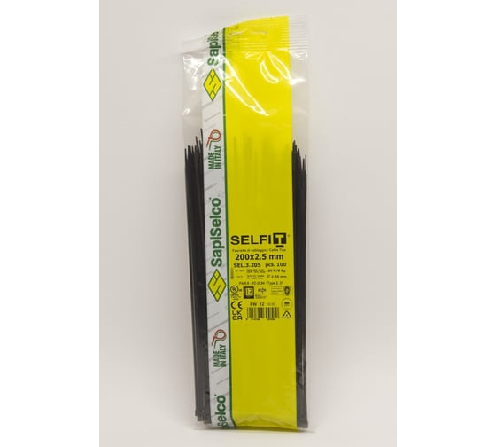 Стяжки черного цвета SapiSelco 2.5x200 мм, полиамид 6.6, уп. 100 шт. SEL.3.205R