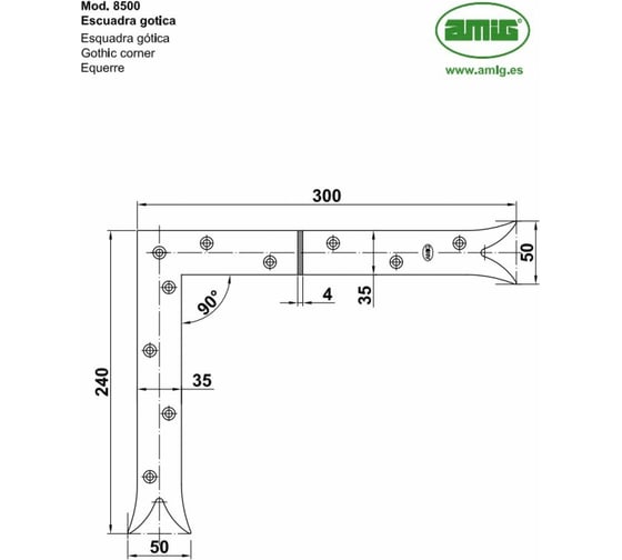 Декоративный угол Amig готика, черный, D правый 8510-300x240x4 (D)