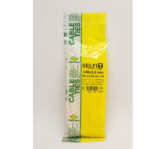 Стяжки SapiSelco желтого цвета, 3.5x140 мм, полиамид 6.6, уп. 100 шт. SEL.14.210R