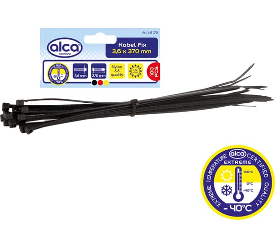 Пластиковая кабельная стяжка хомут Alca W-3.6, L-370, черная, 100 шт. 614370