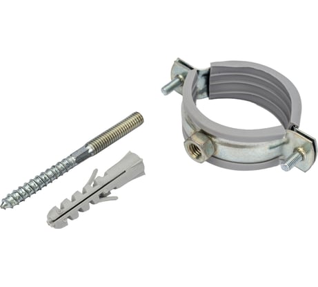 Металлический сантехнический хомут Хоммет 1 1/2” 47-52 мм, шпилька М8х70, дюбель 10х50 RUS064