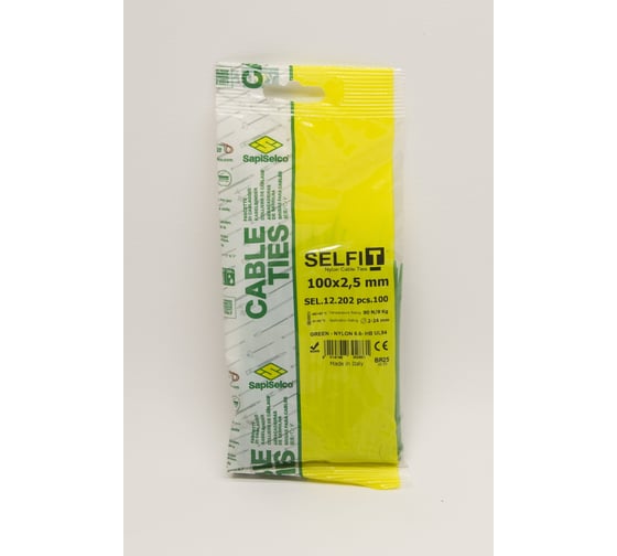 Стяжки SapiSelco зеленого цвета, 2.5x100 мм, полиамид 6.6, 100 шт. SEL.12.202R
