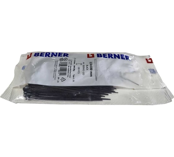 Ленточный хомут с нейлоновым язычком BERNER черный, 202x3,6 мм, 100 шт. 182853