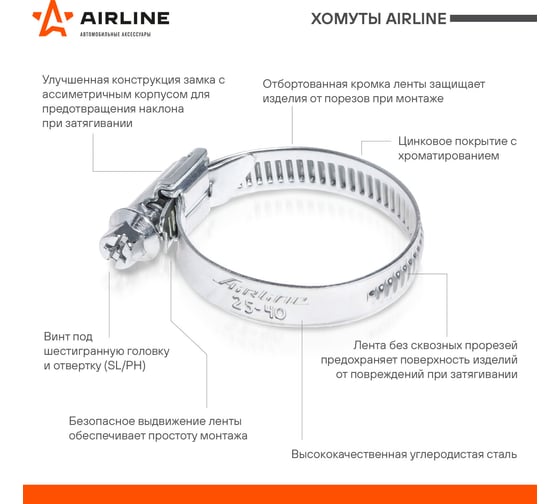 Червячный хомут Airline 8-12/9 мм, оцинкованный W1 AHC-SZ-01