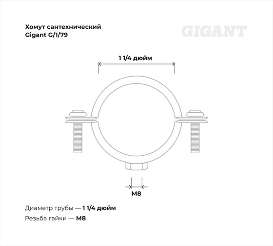 Сантехнический хомут для труб с гайкой Gigant оцинк 1 1/4", 39-46 мм, М8, 5 шт. G/1/79