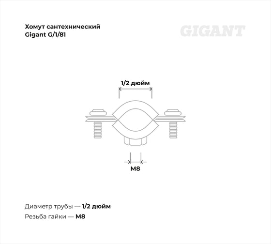 Сантехнический хомут для труб с гайкой Gigant оцинк 1/2", 20-24 мм, М8, 5 шт. G/1/81