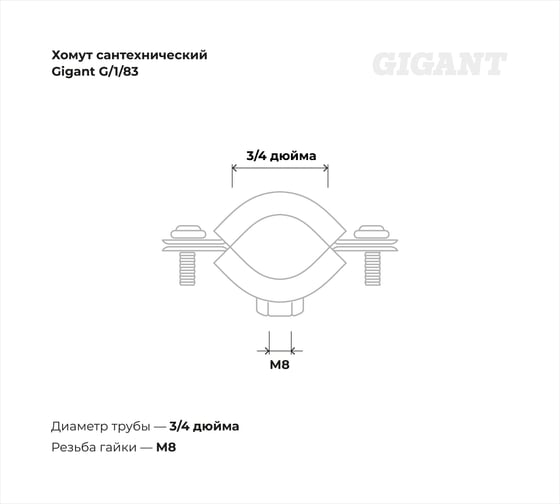 Сантехнический хомут для труб с гайкой Gigant оцинк 3/4", 25-28 мм, М8, 5 шт. G/1/83