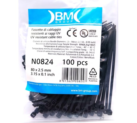 Кабельная стяжка BM Group цвет черный, устойчивая к воздействию УФ-лучей, 80x2,5 мм, 100 шт. BM-N0824