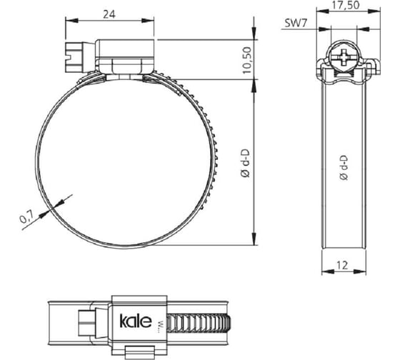 Червячный хомут KALE 50-70/12 C7 W2 нержавеющая сталь, 10 шт. 50-70 WD1272