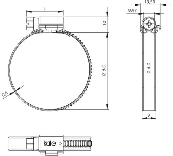 Червячный хомут KALE CLAMP 16-27/9 C7 W1 алюцинковая сталь, 10 шт. 16-27 WD971 ZR2